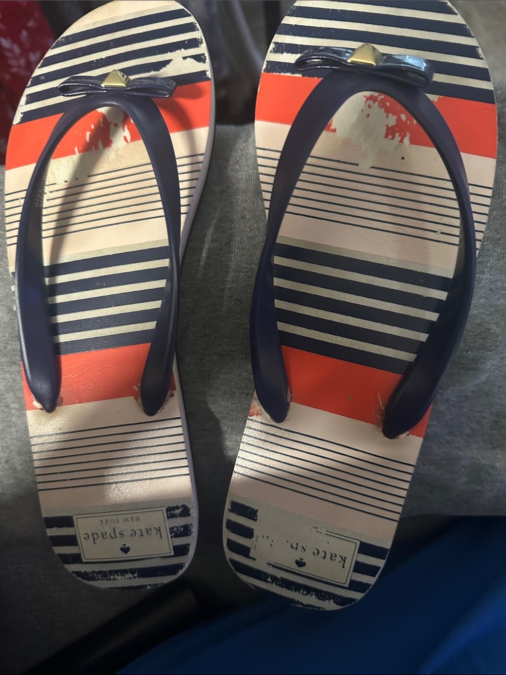 kate spade Navy & Coral Striped Jelly Bow Flip Flops